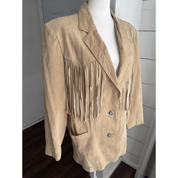 Cedars Jacket Womens Large Tan Suede Leather Fringe Western Concho Buttons Boho - Picture 2 of 7